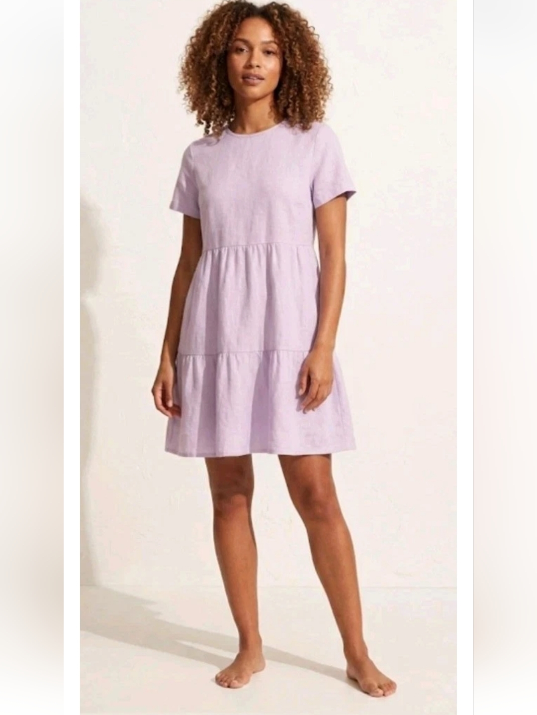 Alice Walk Linen Cotton Tiered Flowy Short Sleeve Short Dress Lavender! Size S